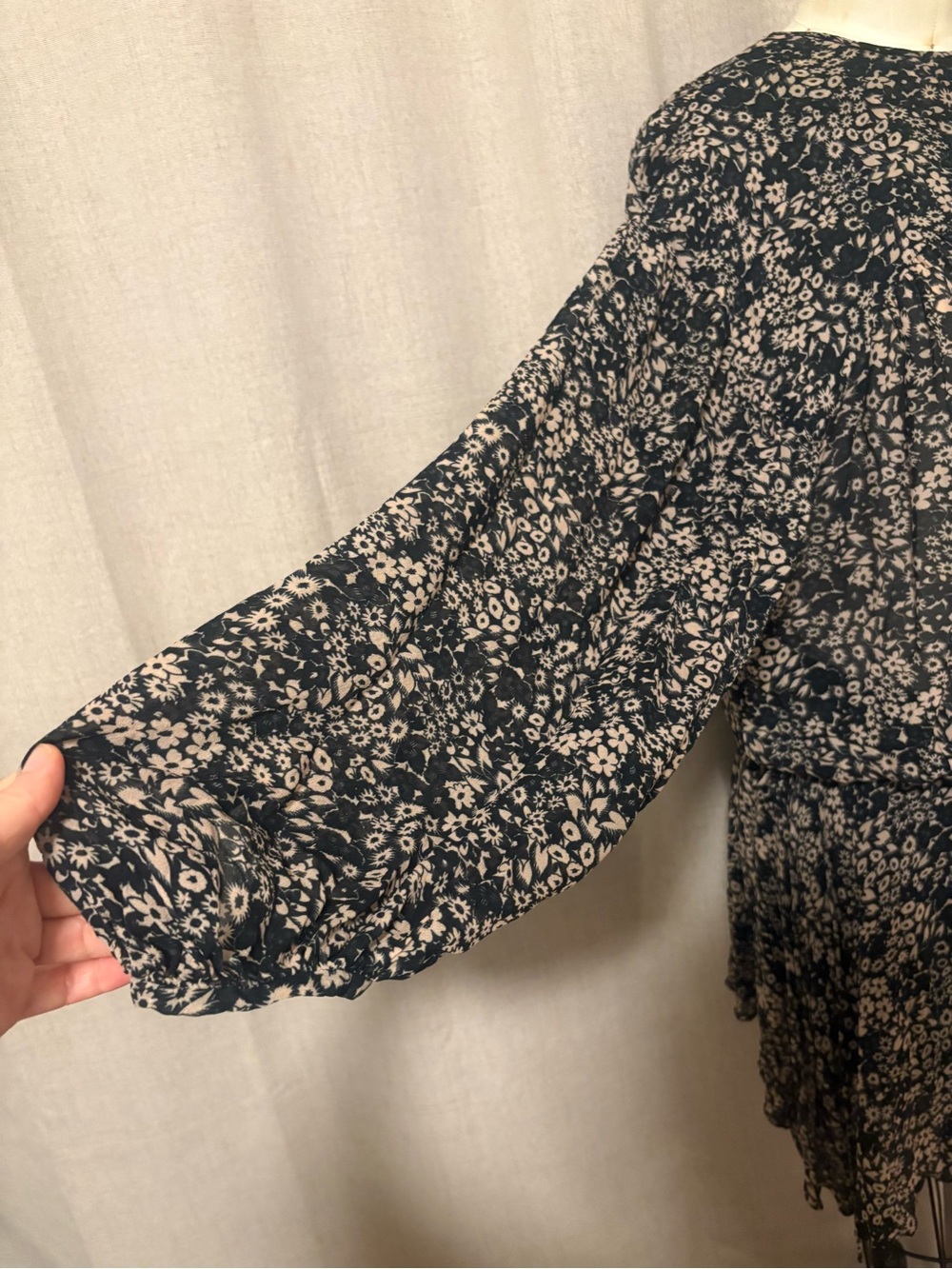 Mini Floral Drop-Waist Dress in Black and Cream - Picture 2 of 15